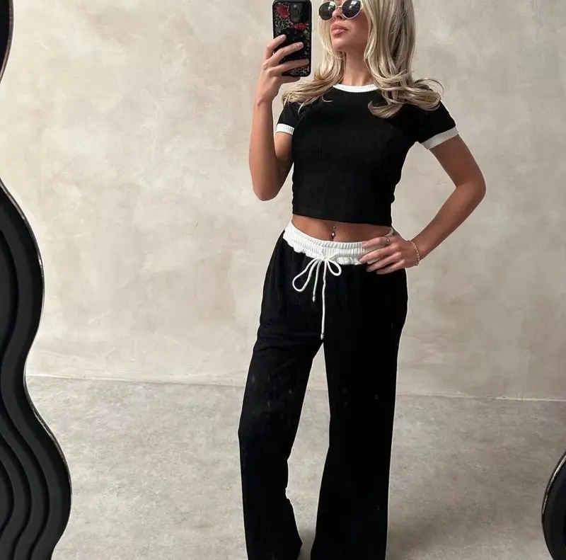 Women's Ladies Rib Contrast Trim Crop Top Plisse Wide Leg Trouser Lounge Wear Set 1