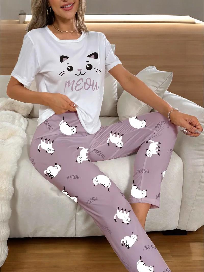 Product Introduction of Women's Cute Kitty Print Pyjama Set – Soft & Comfy Loungewear, Breathable Sleepwear, Relaxing Matching Top & Pants 6