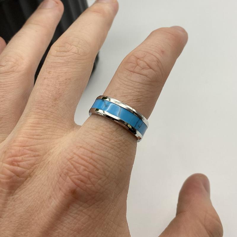 Turquoise Band ring - Stainless Steel Ring - Silver Turquoise Unisex Ring - Aqua Blue Stone Band - Greek Stainless steel Ring - Titanium Sea Marble ring - Steel Coloured Abalone Ring - Gifts for men 2