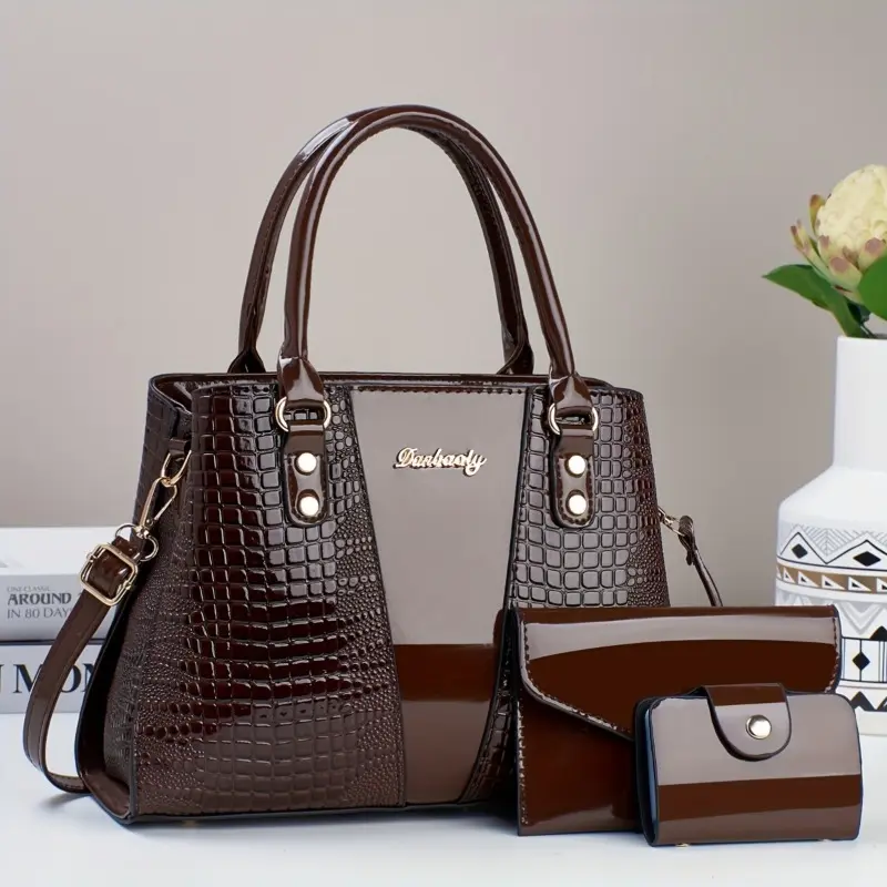 3pcs Elegant Faux Leather Satchel with Crocodile Pattern, Sequined, Spacious Multi-Functional Bag, Lightweight Fashion Handbag with Zip Closure and Fixed Shoulder Straps, with Spandex Lining for Women 2