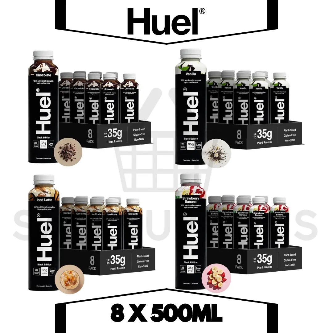 Huel Black Edition 8 X 500ML Chocolate, Strawberry Banana, Iced Latte, Vanilla Flavour High-Protein Drink - 35g of Protein Per Bottle
