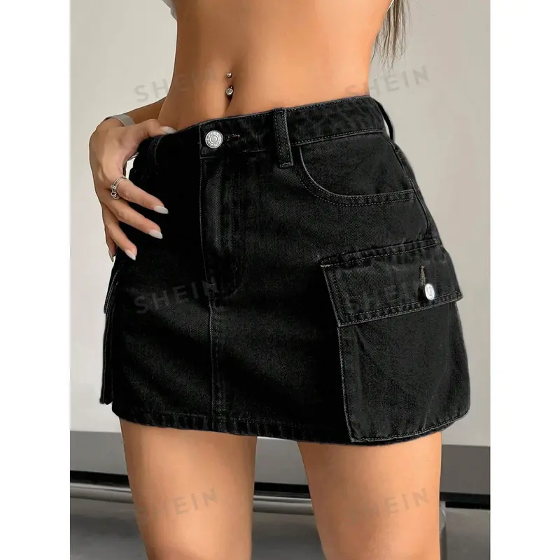 SHEIN EZwear Women's Summer Solid Color Cargo Denim Skirt 0