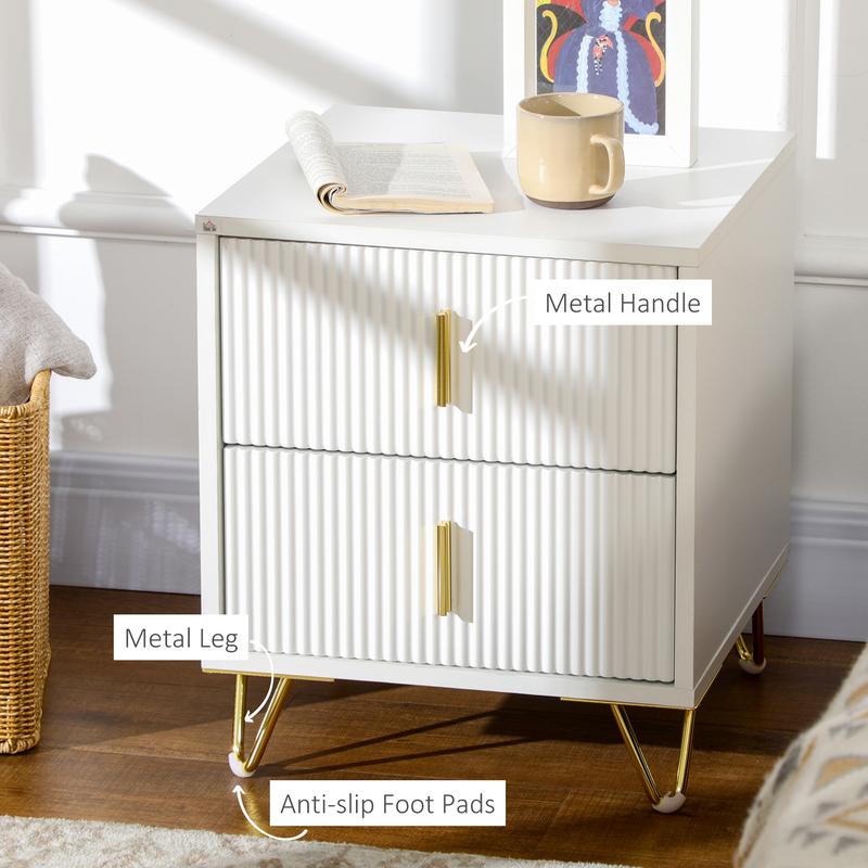 HOMCOM Bedside Table with 2 Drawers, Side End Table, Nightstand Bedside Cabinet with Metal Frame for Living Room, Bedroom, White 5