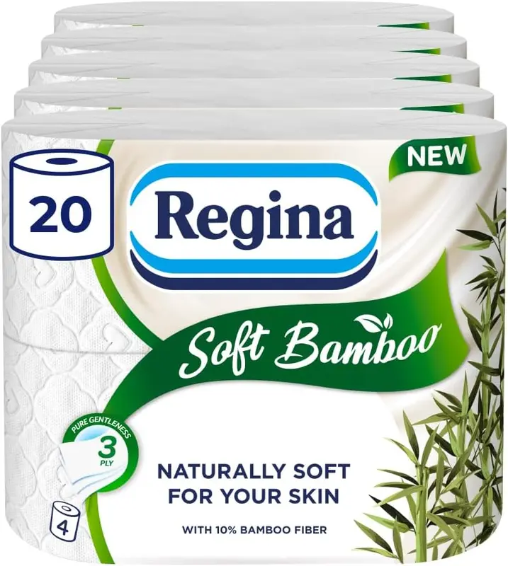 Regina Soft Bamboo - 20 Rolls of Toilet Tissue 3 Ply, 160 Sheets, Naturally Soft for Your Skin, Toilet Tissue Made with Bamboo Fibers, Paper Packaging, FSC Certificated Wipes 0