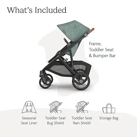 Full-Size Single-to-Double Stroller System - Toddler Seat, Bug Shield, Rain Shield, and Storage Bag Included - Gwen (Green Mélange/Carbon Frame/Saddle Leather) 5
