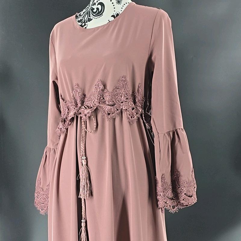 Lace stitching belted robe abaya styling in Copper Rose 1