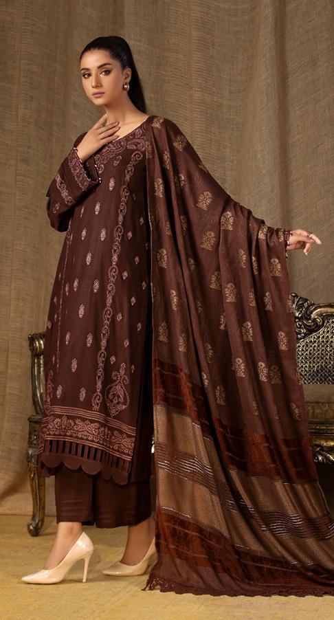 Product Introduction of TL-122 - Riaz Arts Tehzeeb Embroidered Leather Peach Collection Vol-5 - 2023 - Fully Stitched - 3PC Embroidered Leather Peach Shirt & Trouser/Shalwar with Velvet Jacquard Shawl 24