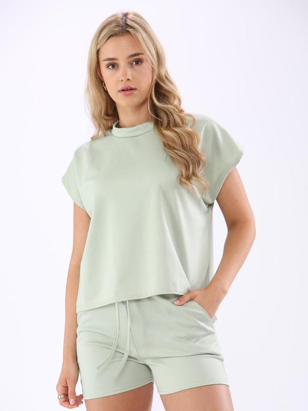 Ladies 2 Piece Top & Short Co-Ord Sets Women Short Sleeve Boxy Loungewear Joggers Tracksuits Girls Lounge Wear Suit Casual Plain Pockets Crew Neck Activewear Loungesuit 2Pcs 4