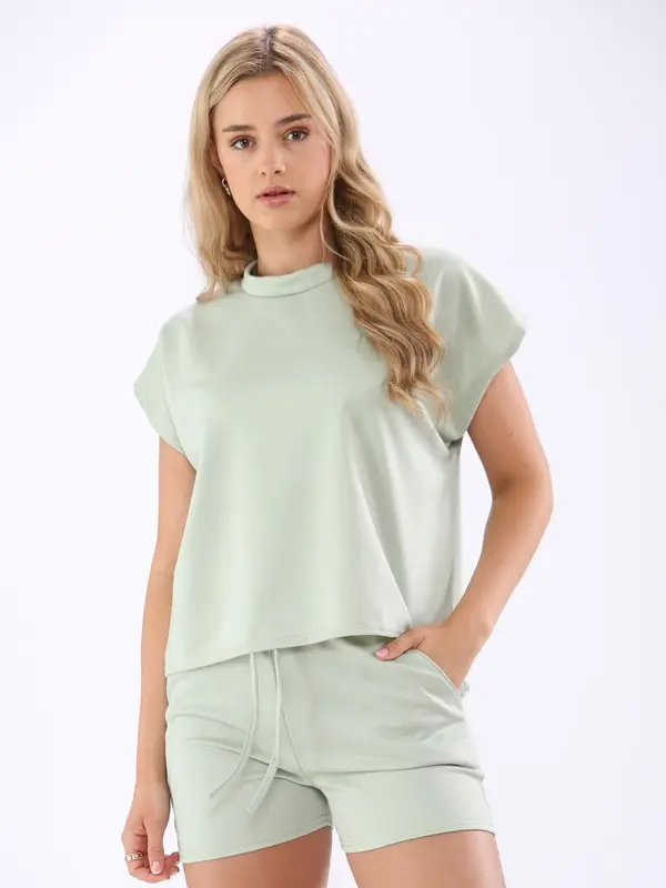 Ladies 2 Piece Top & Short Co-Ord Sets Women Short Sleeve Boxy Loungewear Joggers Tracksuits Girls Lounge Wear Suit Casual Plain Pockets Crew Neck Activewear Loungesuit 2Pcs 4