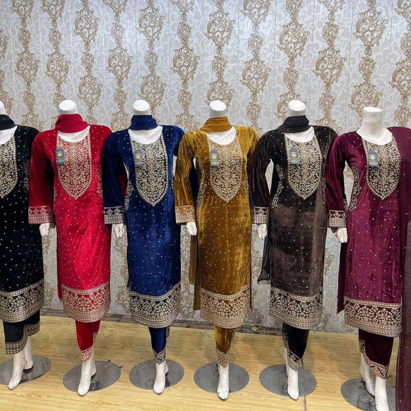 Embroidered velvet  indian Pakistani  with pockets  Asian style designer stitched 3pc suit salwar  Kameez anarakli trousers black blue yellow red green colours available Comfortable Clothing Embroidery Formal Outfit Traditional Womenswear Elegant Dress 1
