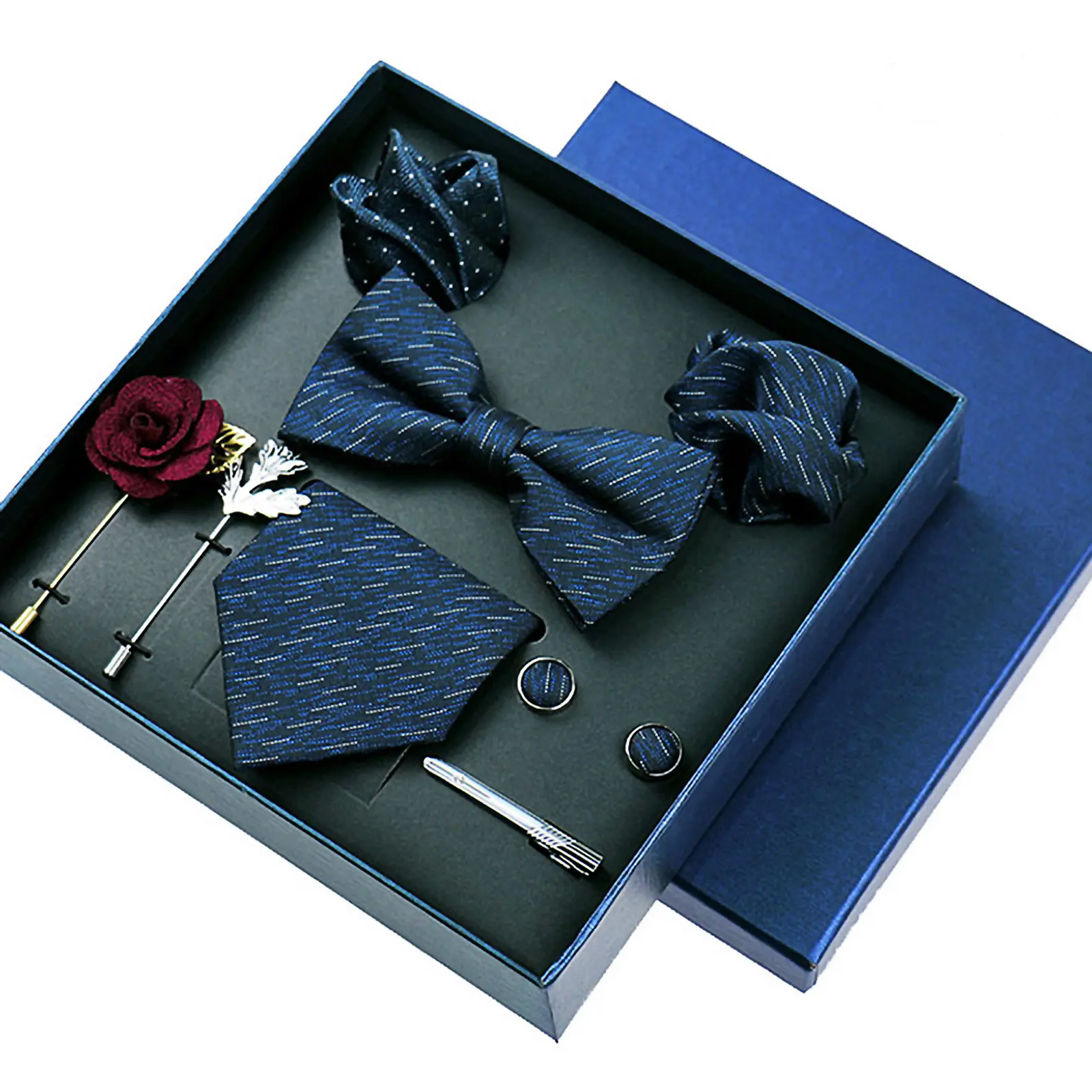 Classic Elegance: Men's Silk Tie Set with Brooch, Bowtie, Pocket Square & Cufflinks Perfect gift for birthday, Valentine, dating, wedding, anniversaries, business & Gentlemen's Fashion