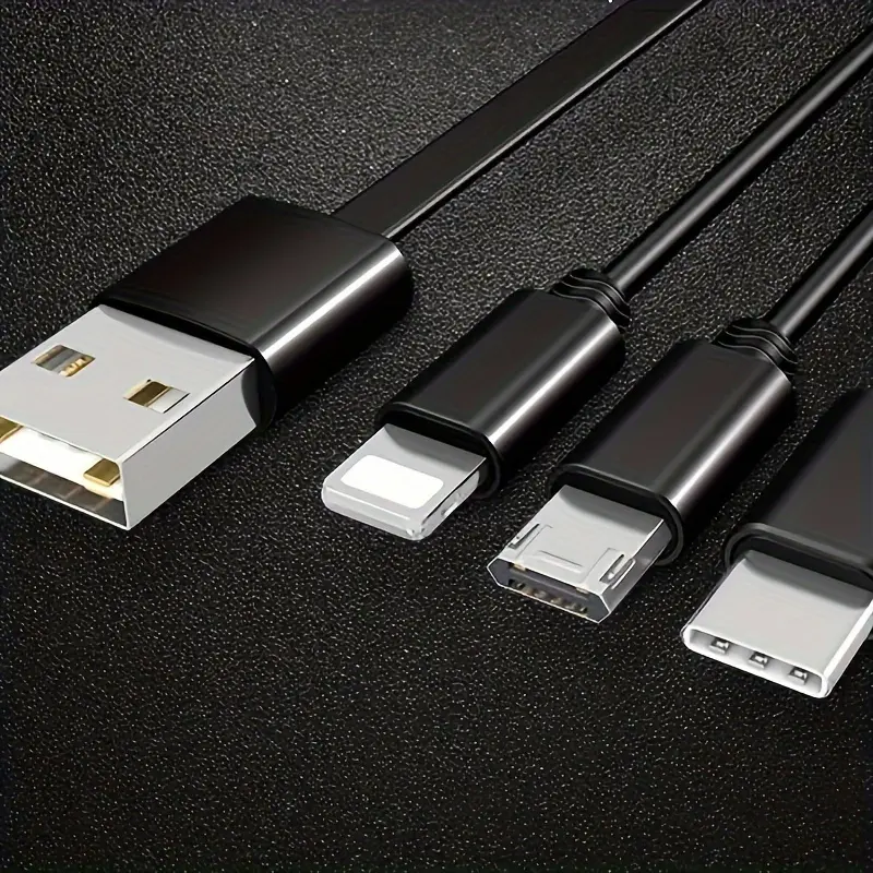 3-in-1 Retractable USB Cable - Flat Silicone, Male to Male, Universal Compatibility with iPhone, Android, Type-C, Micro USB - Portable Charger, 10-20W Power, No Battery, USB Powered 3