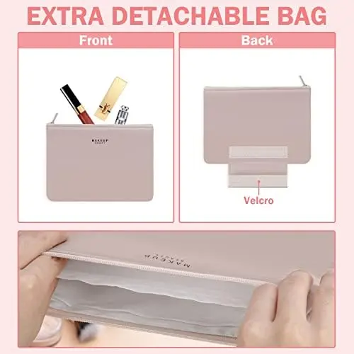 Travel Makeup Bag [with Brushes Holder & Detachable Pouch] Cosmetic Bag Makeup Case Storage Organiser for Women & Girls (Pink) 5