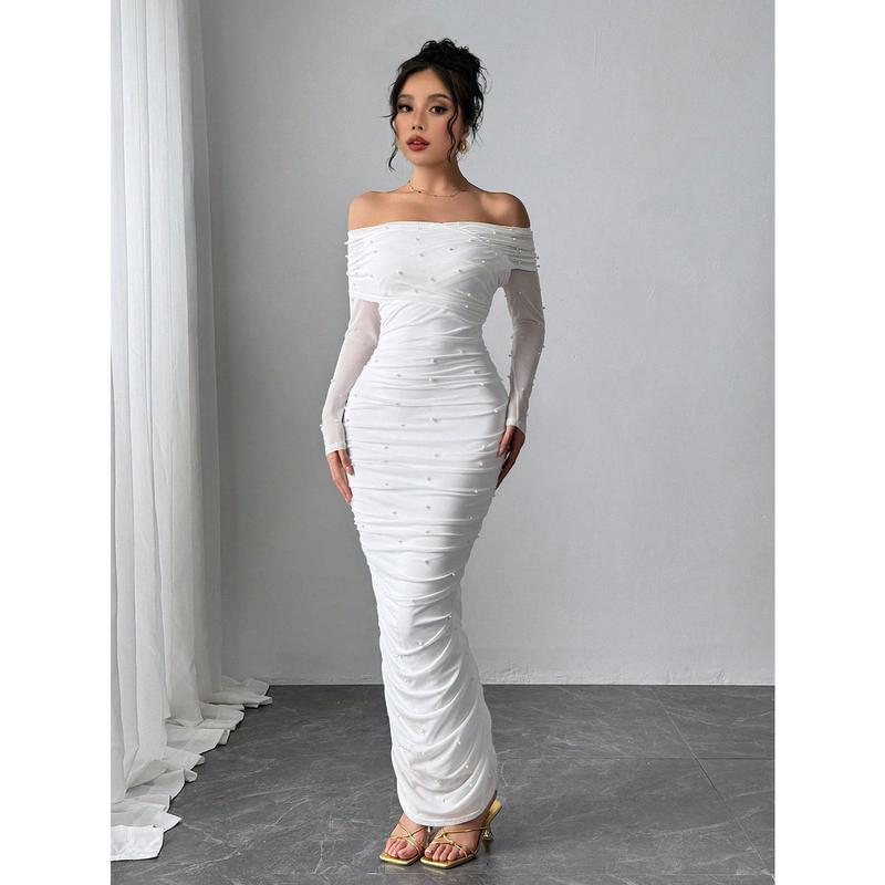 Firerie Women's Elegant White Open Shoulder Pearl Decor Ruched Slim Fit Maxi Dress, Graceful And Romantic For Party, Valentine's Day Fabric Formal 3