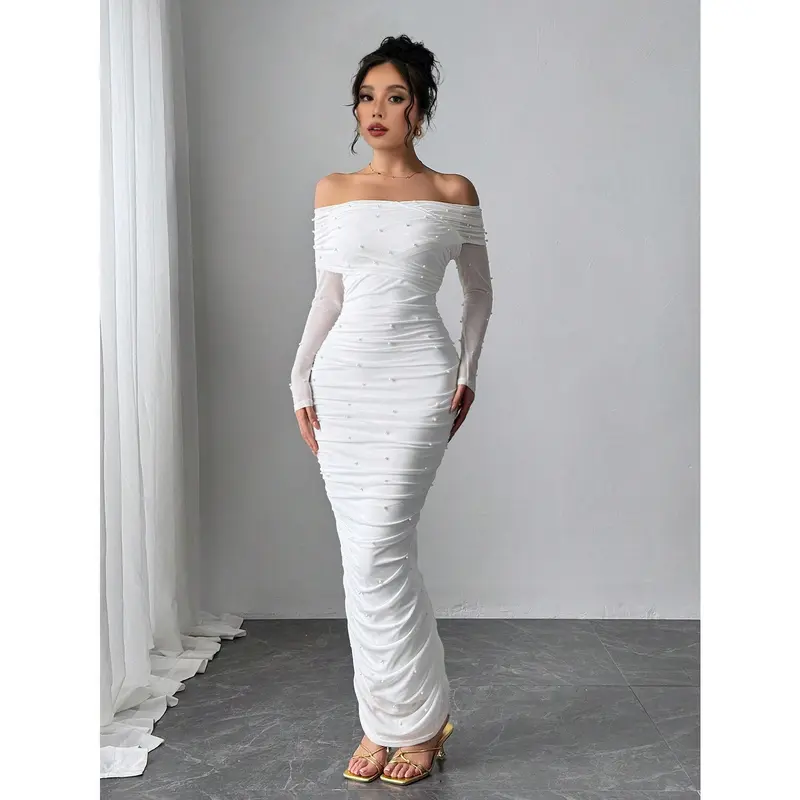 Firerie Women's Elegant White Open Shoulder Pearl Decor Ruched Slim Fit Maxi Dress, Graceful And Romantic For Party, Valentine's Day Fabric Formal 3