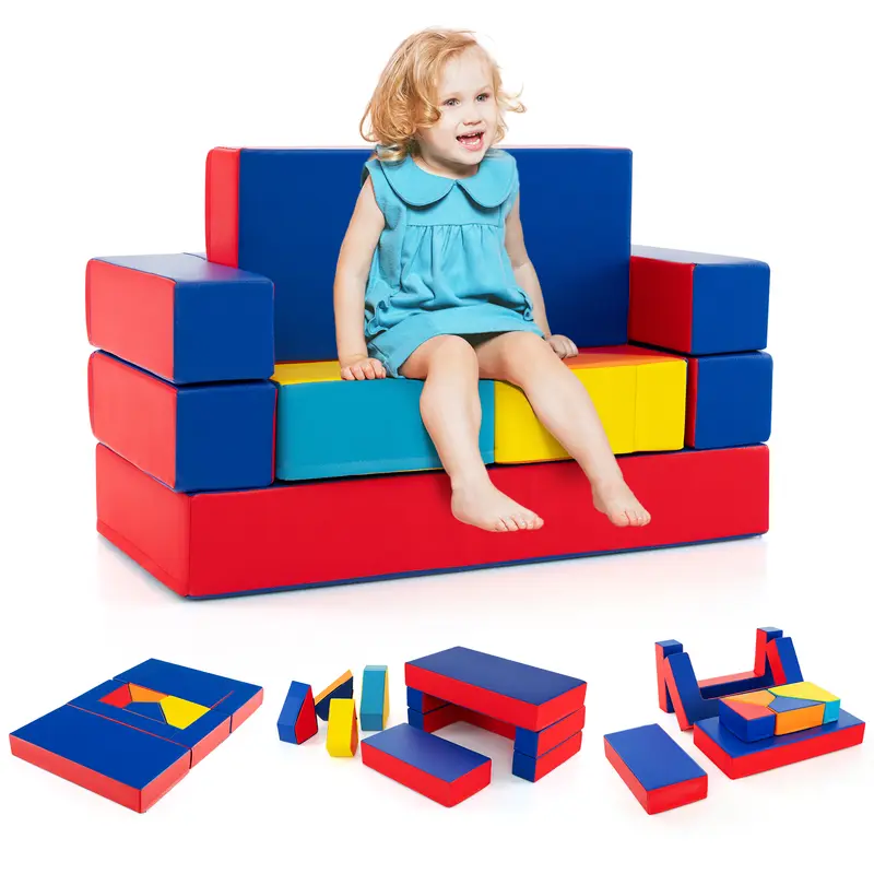 COSTWAY 4-in-1 Convertible Foam Couch Play Set with Skin-friendly PU Leather Cover and Zippers 1