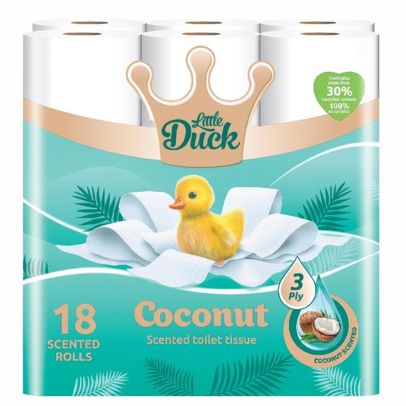 18 Rolls Little Duck Coconut Scented Quilted Bathroom Tissue - 3-Ply Luxury Toilet Paper - Soft, Strong, & Sustainable- Made in the UK 1