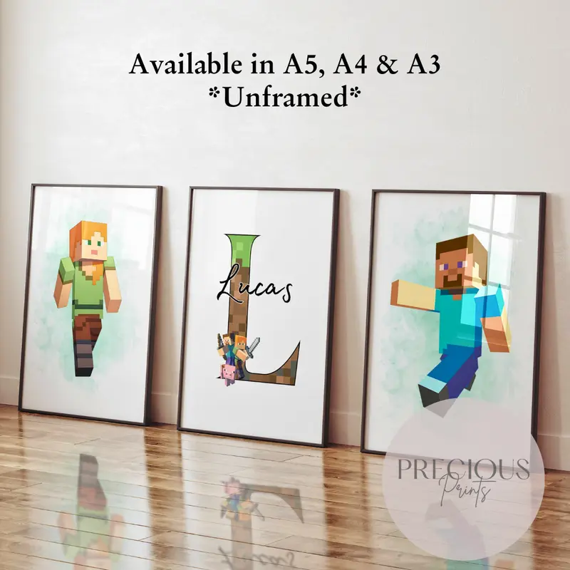 Set of 3 Personalised Minecraft Posters / Gaming Posters / Gaming Prints / Boys bedroom Print Decor Glossy Ornaments Decoration 1