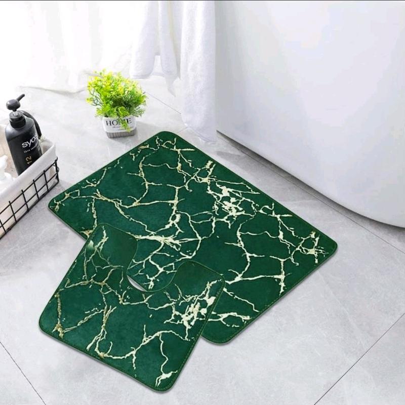 STUNNING LUXURY NON SLIP WATER RESISTANT 2 PIECE MARBLE EFFECT BATH MAT SET 50×80cm mat and toilet cover 1