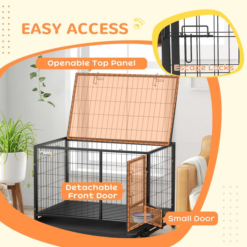 PawHut Heavy Duty Dog Crate on Wheels w/ Bowl Holder, Removable Tray, Openable Top, Detachable Door, for L, XL Dogs 5
