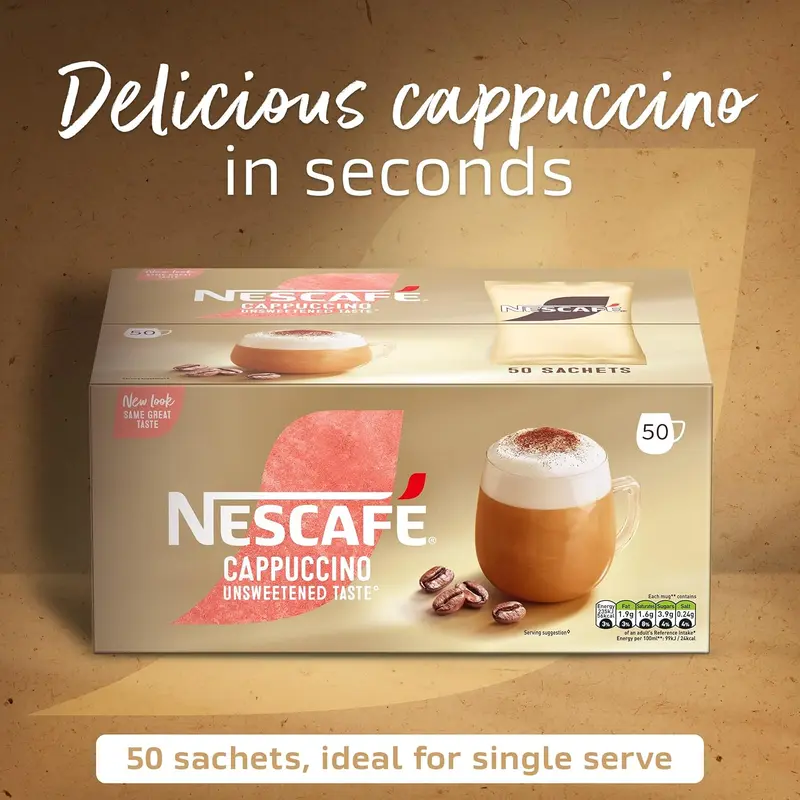 NESCAFÉ Cappuccino Unsweetened Taste Instant Coffee Sachets - 50 Pack | Rich & Creamy Coffee Beverage Milk 2