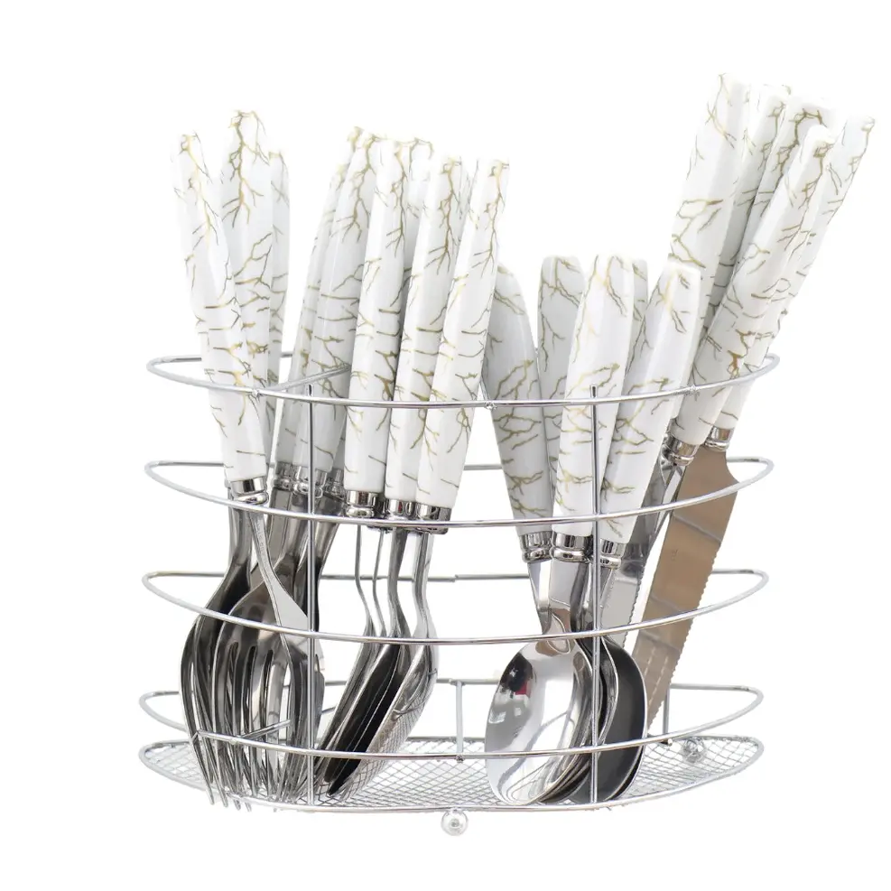 New 24Pc Stainless Steel Cutlery Set White & Gold Marble design with Holder/ Basket
