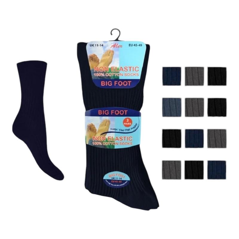 6/12 Pairs Men's Big Foot Extra Wide Diabetic 100% Cotton Socks UK Size 6-11 & 11-14 - Menswear, Underwear ,Plain Soft Top Loose Breathable Set 3