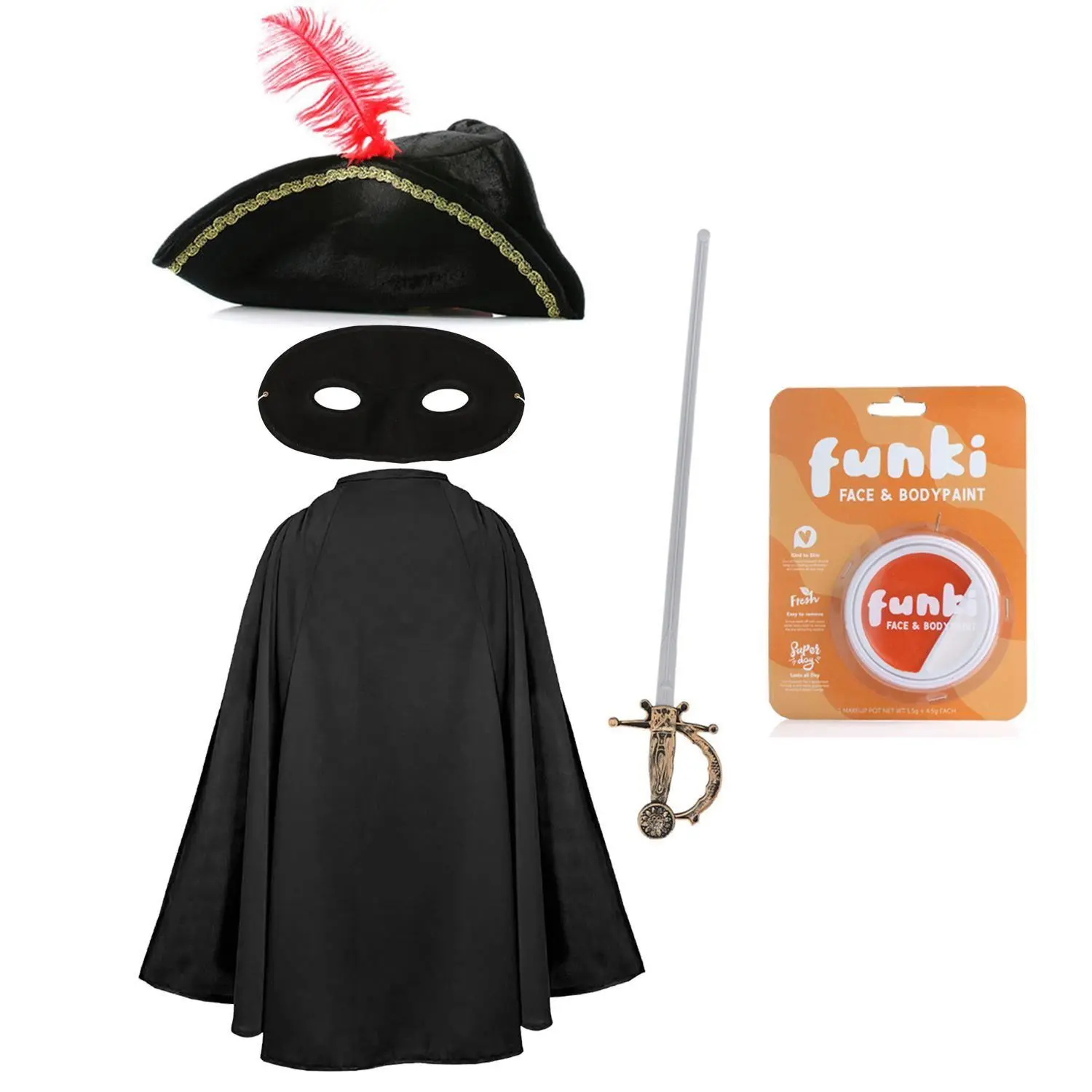 Adults Puss in Boots Orange Cat Set – Black Superhero Cape, Mask, Hat, Foil Sword & Facepaint – Highway Rat Costume for Halloween & World Book Day Menswear Clothes