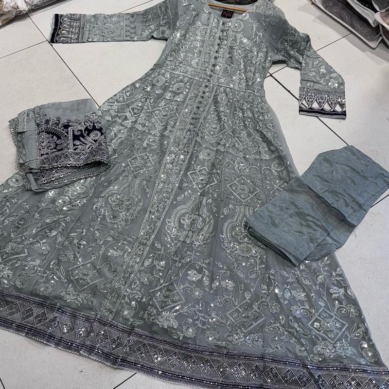 Silver/Grey JASMIN Long dress suit 3 piece Pakistani embroidered chiffon duppatta wedding edt S-XL Womenswear 6
