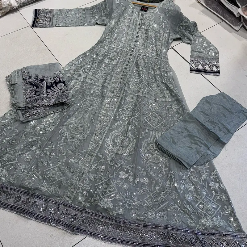 Silver/Grey JASMIN Long dress suit 3 piece Pakistani embroidered chiffon duppatta wedding edt S-XL Womenswear 5