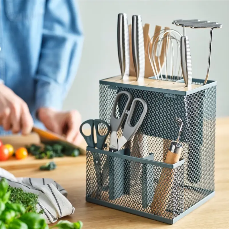 Premium Bamboo Knife Block with 4 Larger and 2 Thinner Knives and 3 Compartments for Kitchen Utensils - Holder,  Sturdy Cutlery Storage 1