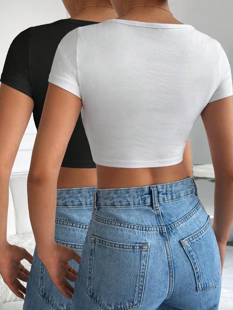 Product Introduction of ​ Women's Tops2 pcs/set women's solid color crew neck slim fit casual cropped short sleeve t-shirt (White + black) [S12] Top Womenswear Tshirt Streetwear Comfort Summer Basic Minimalist Shortsleeve ladies  tops graphic  tees  women  tshirt franco  merch 21