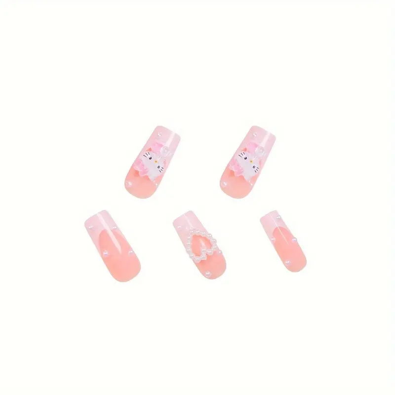 24pcs Medium and Long Square Nail Stickers Sanrio Cute Style White French Three-dimensional Cute HelloKitty 1
