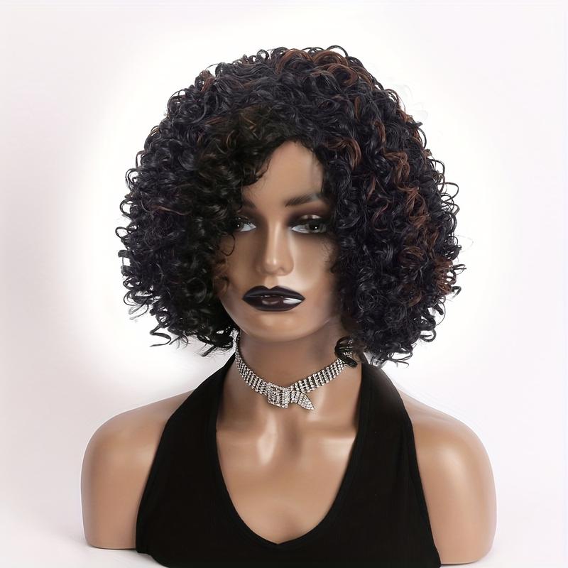 Elegant Afro Curly Kinky 12-inch Short Wig for Women, Elastic Cap, 130% Density, High Temperature Fiber, Natural Black and Brown, Heat Resistant Synthetic Hair Replacement for Daily Wear, Festive Outfits, and Parties 2