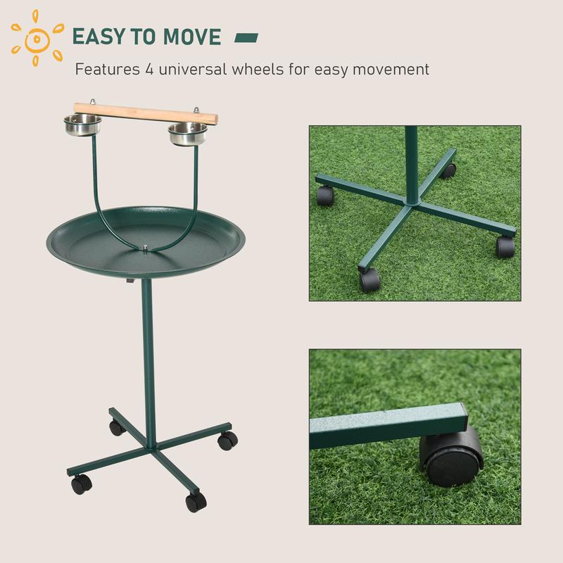 PawHut Bird Perch Stand, T-Stand Bird Training with Perch, Four Wheels, Feeding Bowls, Parrot Stand for Small & Medium Birds, Green 4