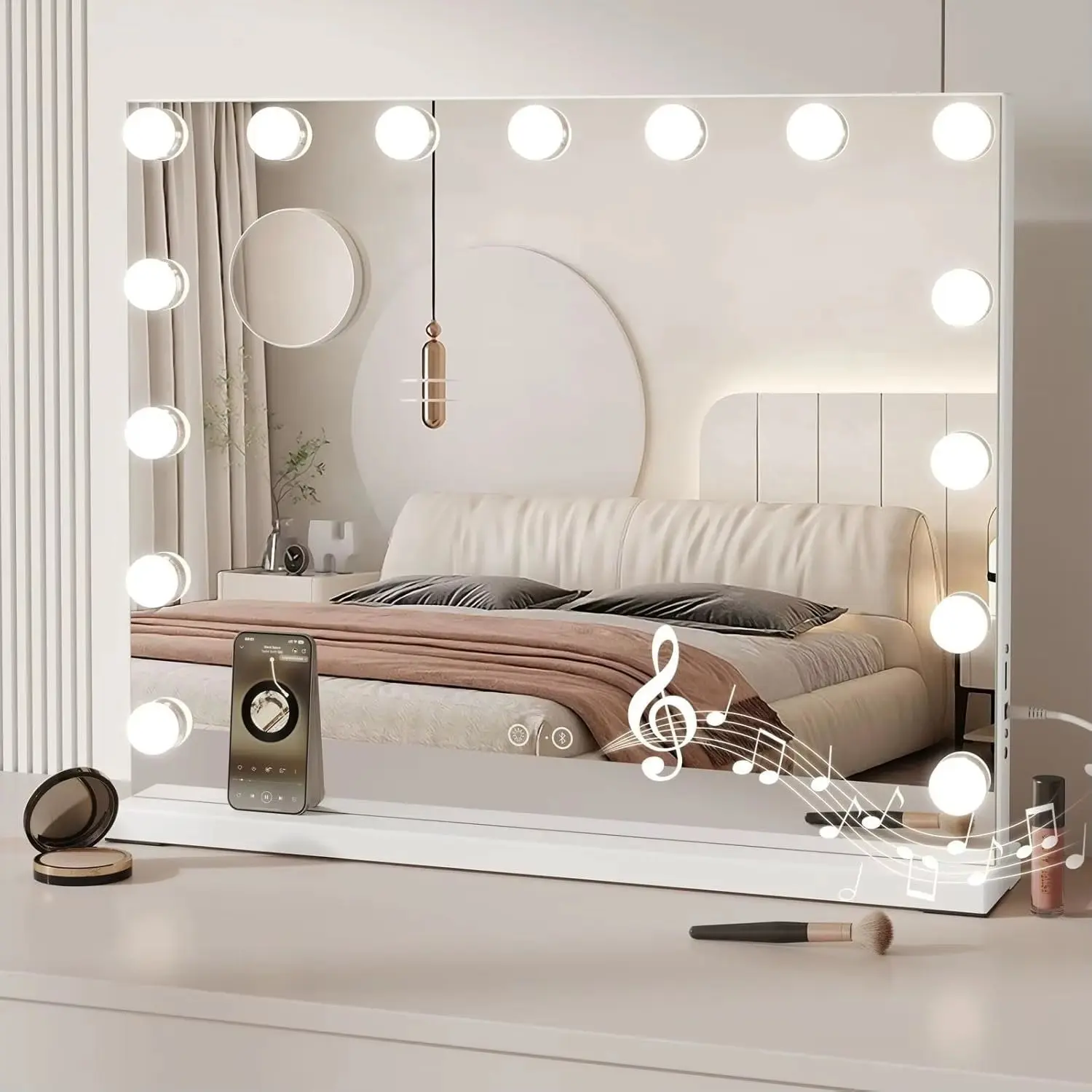 Makeup Mirror with Lights & Built in Bluetooth Speaker, comes with 15 Dimmable Bulbs Decor Hanging