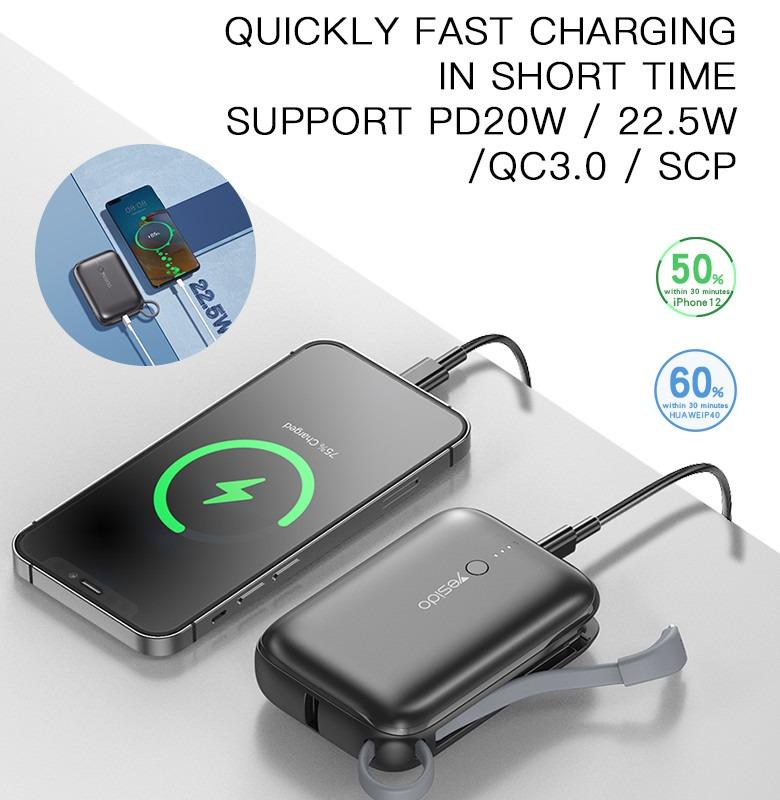 YESIDO YP18 22.5W Mini PD 20W LED Fast Charging 10000mAh Power Bank for Phone Accessories Cable Compact Portable Smartphone Devices Charger Chargeable 3