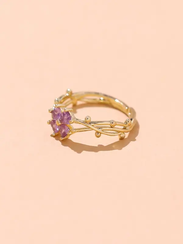 1pc Four-Leaf Clover Ring, Fashionable Minimalist Golden Copper Zirconia Clover Love Open Ring For Women, Suitable For Daily, Date, Party, Accessory 1