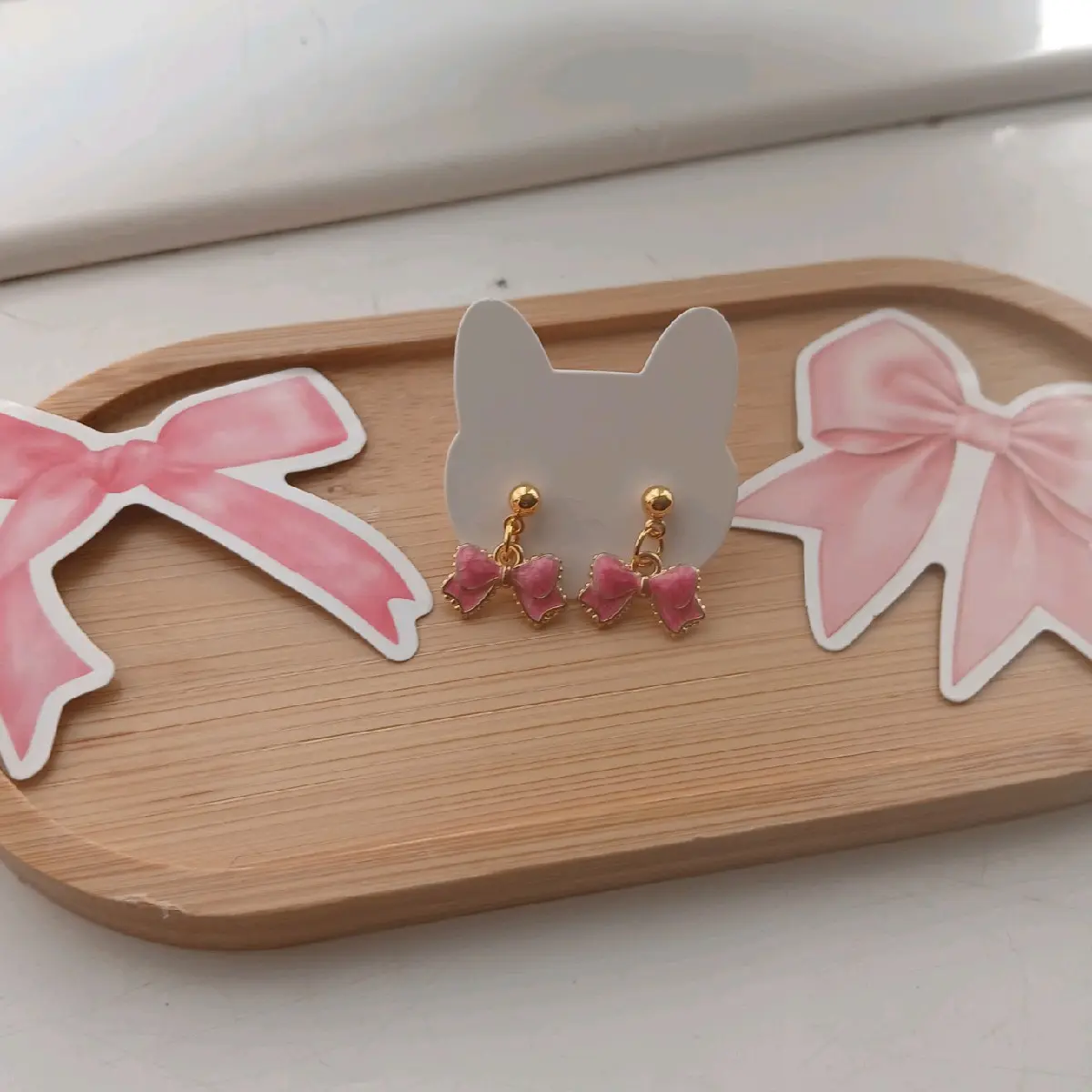 Handmade Cute Pink Gold colour Bow Earrings
