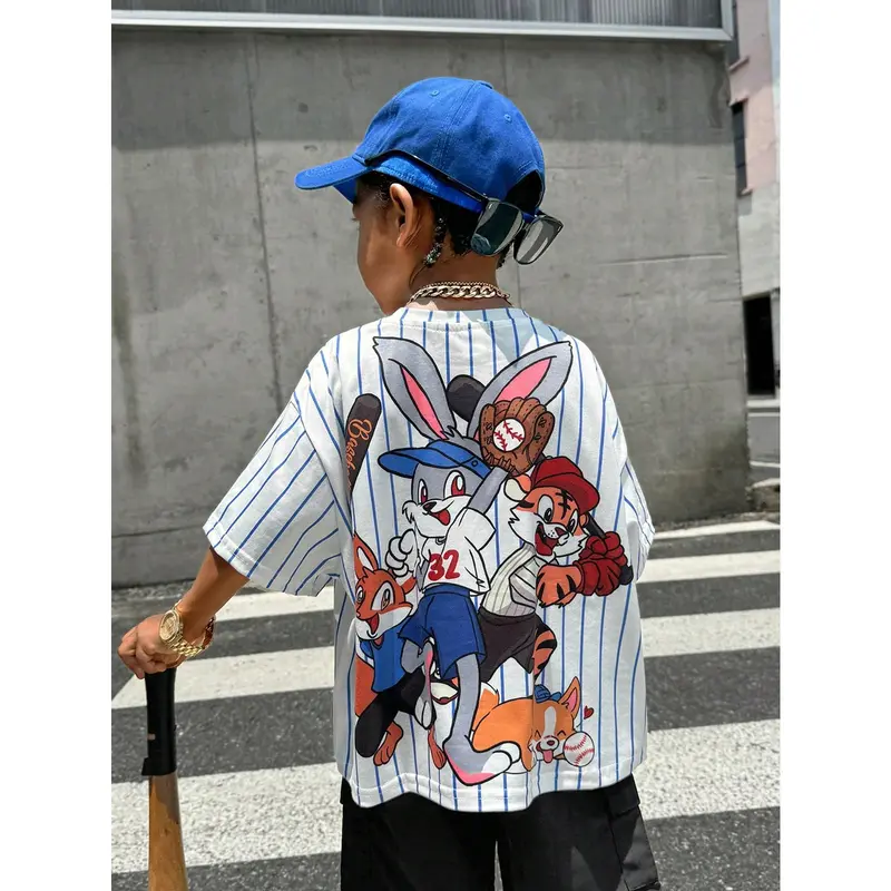 Young Boy 1pc Casual & Cute Vacation Cartoon Animal Group Print Ultra-Oversized Round Neck Drop Shoulder Short Sleeve White & Blue Striped T-Shirt, Suitable For Sports & Spring/Summer Seasons 0