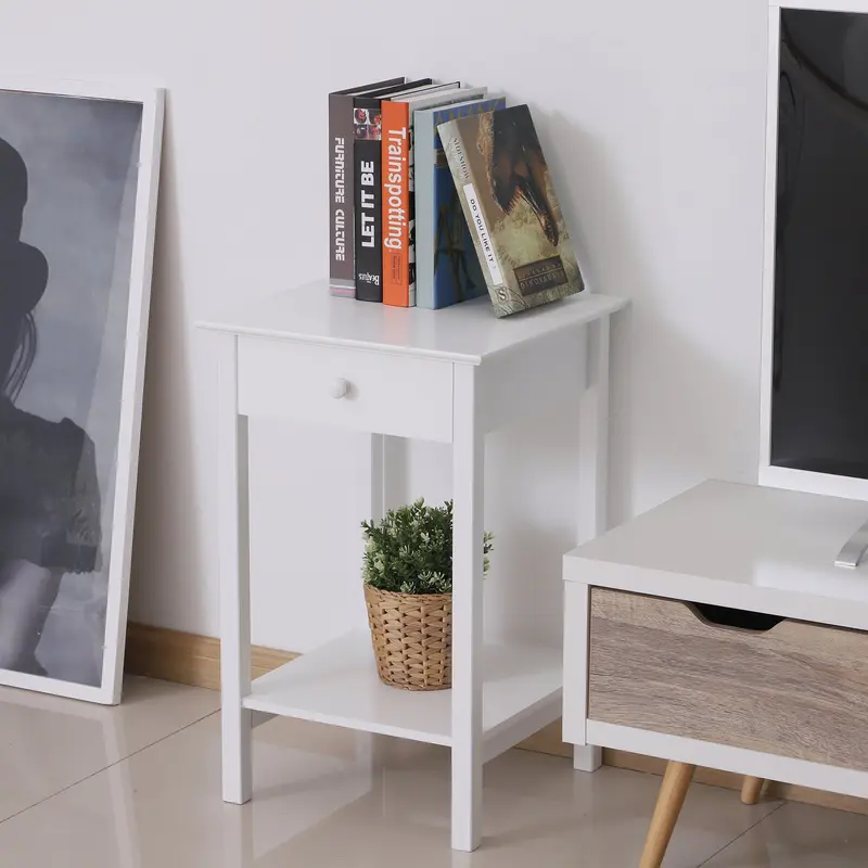 HOMCOM White Bedside Table, Wooden Side Table, Nightstand, Bedside Cabinet with Drawer and Storage Shelf for Bedroom and Living Room, Set of 2 7
