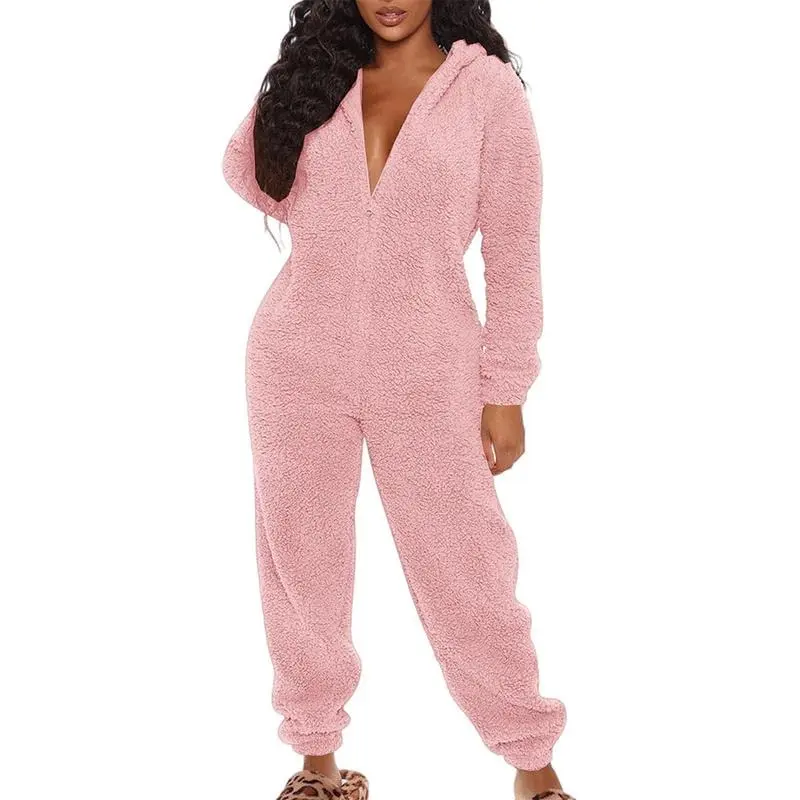Women's Plush Fleece Pajama Jumpsuit Hooded, Zip-Up, Easy Care, Solid Color, Casual Lounge Onesie for Fall/Winter. Pajama Set Comfort Loungewear Nightwear Womenswear Homewear Pjs Long Sleeve Basic Minimalist Pyjamas 5