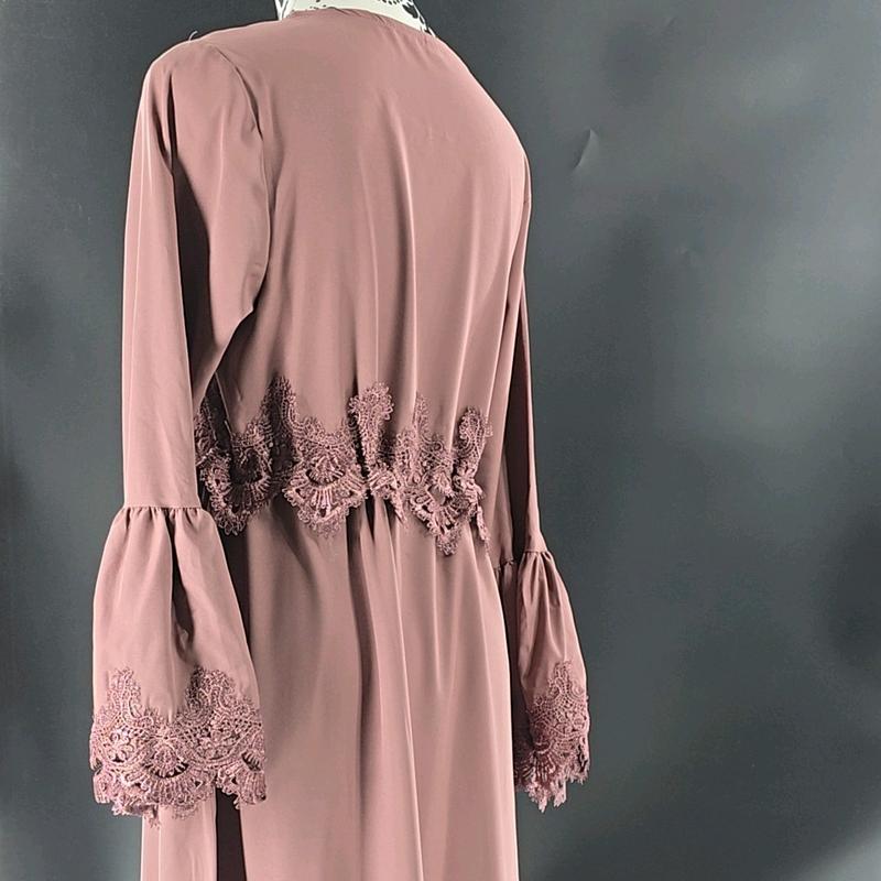 Lace stitching belted robe abaya styling in Copper Rose 5