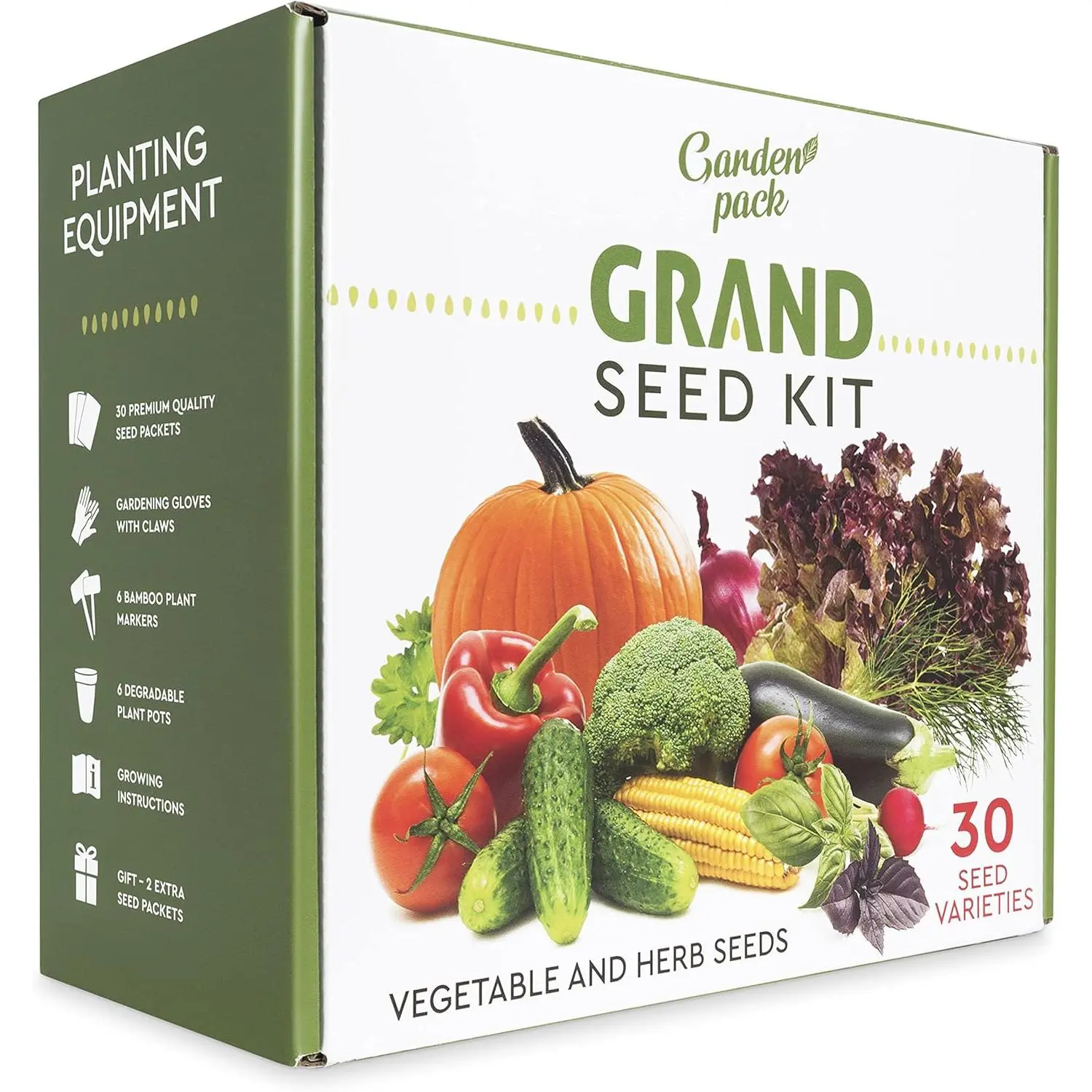 Grand Seed Growing Kit - 30 Vegetable Seeds Varieties - Gloves with Claws, 6 Biodegradable Peat Pots, 6 Bamboo Plant Markers - Grow Your Own Indoor Garden - Ideal Gardening Gift