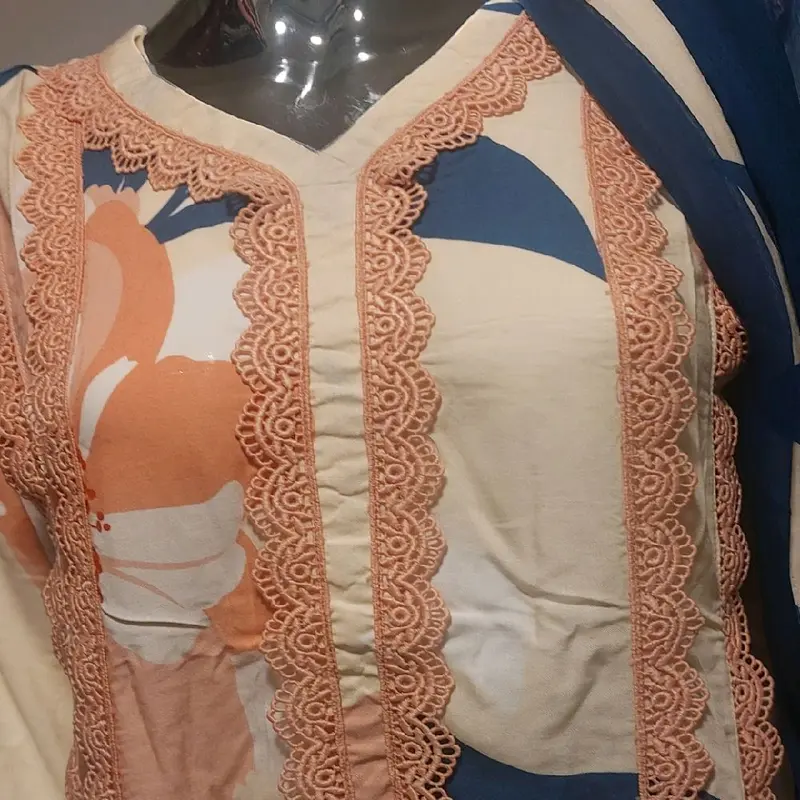 Asian Style 3pc women causal wear. boski lenen fabric and shifoon dupata ivory colour with navy blue dupata. beautiful lace work on shirt and trousers. 6