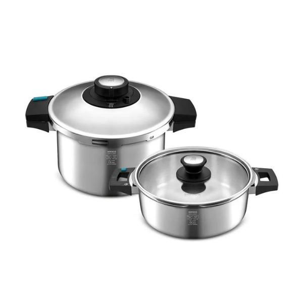 Karaca Quick and Safe Stainless Steel Induction Pressure Cooker Set, 2 Piece, 4L+6L, Black Silver Cookware Lid 7