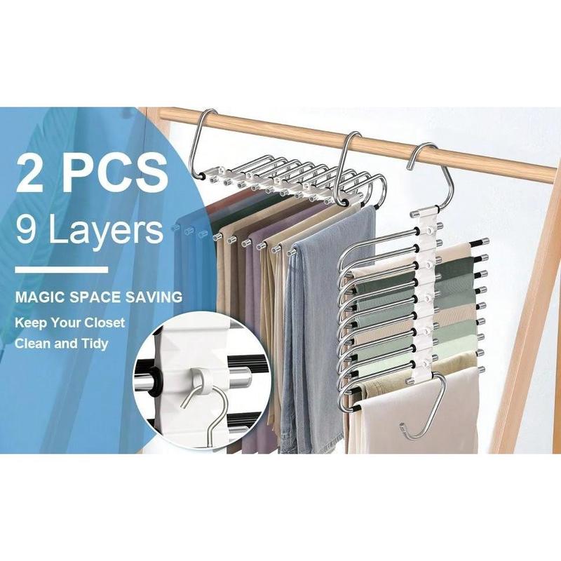 9 Layers Pants Hangers Space Saving, 2 Pack Multifunctional Pant Rack Stainless Steel Closet Organizer For Pants Jeans Leggings Trousers Room Decor Home Decor Fall Decor Bedroom Decor 7