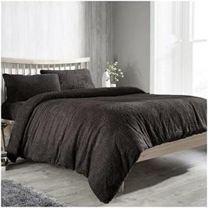 Teddy Fleece Duvet Quilt Cover Set Soft Cosy Winter Summer Bedding Dark Chocolate Colour With a Hint of Charcoal Shade