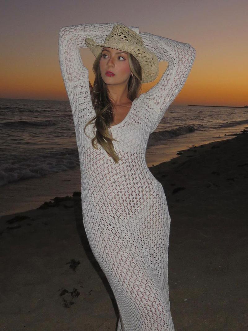 Product Introduction of Women White Long Knit Sleeve Bikin Fashion Cover up Female See-Through Deep V-Neck Hollow-Out Beach Knitwear Backless Dress 25