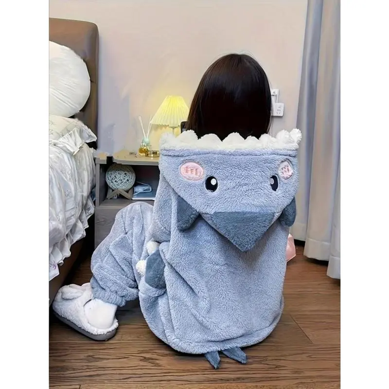 Women's Cartoon Shark Design Pocket Drop Shoulder Plush Loungewear Onesie, Casual Cute Long Sleeve Hooded PJ Onesie for Fall & Winter, Lady's Sleepwear for Indoor Wear, Boo Basket Items for gf 3